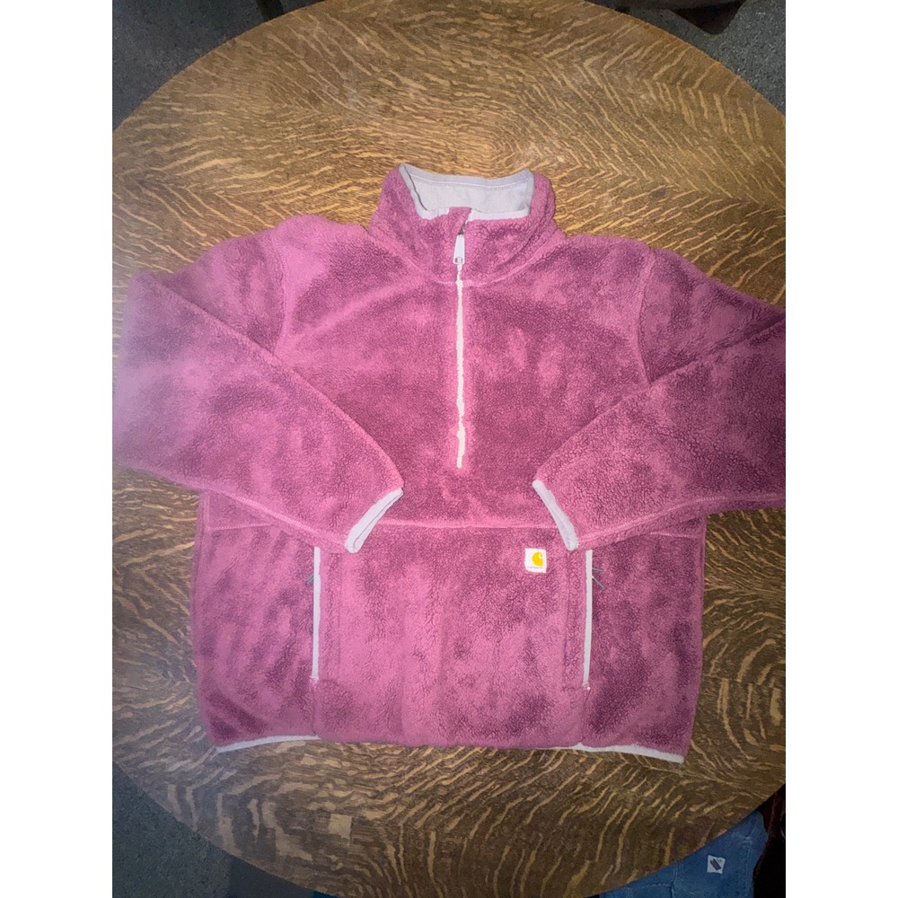 Carhartt Womens L Loose Fit Sherpa Fleece 1/4 Zip Pullover Mauve Pink Pockets